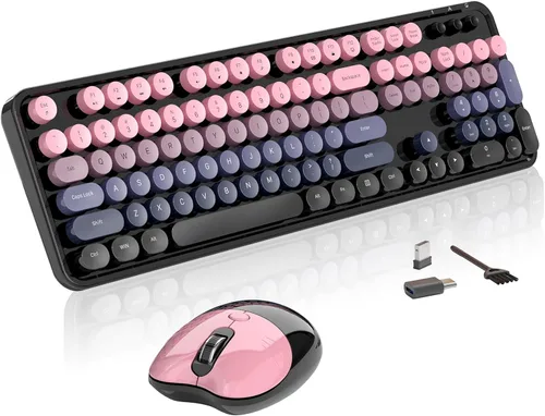 Vista 9 de Combo de teclado y mouse inalámbricos, MOFII con 104 teclas redondas, teclado y mouse lindos de tamaño completo y coloridos con estilo retro