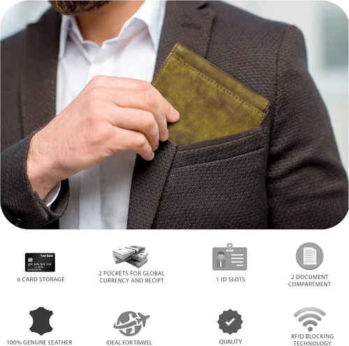 Vista 7 de Tri fold Leather Wallet for Men with RFID Slim Wallets for Men with 1 ID and 6 Credit card slots Front Pocket Minimalist Gift
