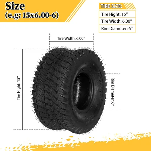Vista 3 de SUNROAD Juego de 2 neumáticos para cortacésped para tractor de jardín, carrito de golf, sin cámara, 15x6.00-6 4PR 15x6x6