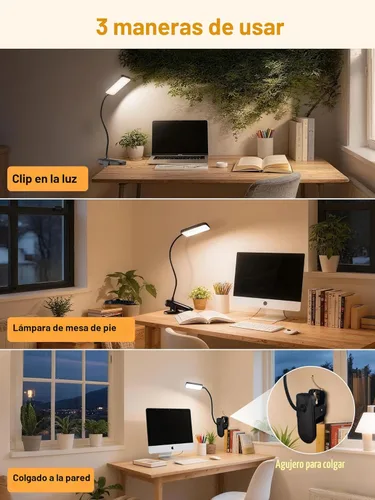 Vista 7 de Luz con clip, 9 niveles de brillo + 5 colores, lámpara de escritorio recargable, luces con batería de 4000mAh, lámpara de escritorio LED de 450