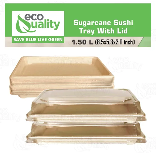 Vista 5 de EcoQuality Bandejas de sushi compostables extragrandes con tapas, contenedor de sushi natural de caña de azúcar, biodegradable, plato de sushi