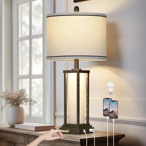 Vista 10 de 27in Tall Farmhouse Table Lamp with USB C+A & Outlet,Black Industrial End Table Lamp for Living Room,Vintage Rustic Bedside Lamp with Night Light