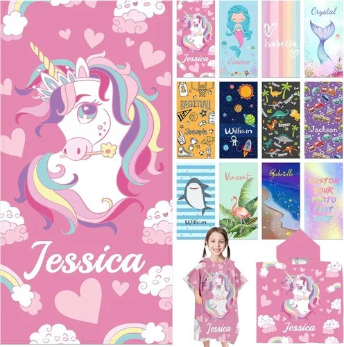 Vista 31 de Toalla de playa personalizada con capucha para niños, toallas de playa personalizadas con capucha, súper absorbente, de secado rápido, personalizada