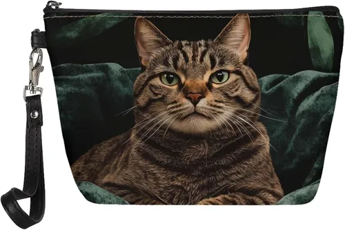 Vista 43 de Howilath Abstract Art Cat Cosmetic Pouch for Women PU Leather Toiletry Storage Bag Trapezoid Makeup Bags with Wrist Strap