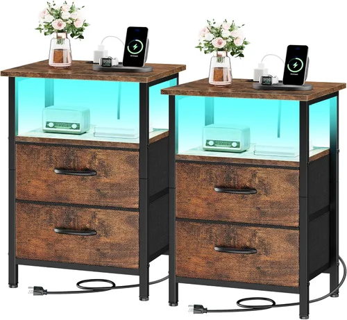 Vista 23 de Vagusicc Nightstand with Charging Station, End Table Bedside Table with 2 Fabric Drawers, Black Night Stand with USB Ports & Outlets, 24.2" Tall Bed