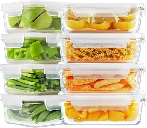 Bayco Paquete de 8 recipientes de vidrio para almacenamiento de alimentos, herméticos con tapas, sin BPA y a prueba de fugas (8 tapas y 8