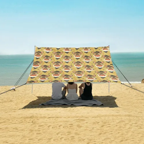 Vista 5 de Funny Animal Faces Foldable Beach Tent UPF50+ Protection Lightweight Large Sun Shelter with Sandbags & Sand Shovel for Backyard and Camping