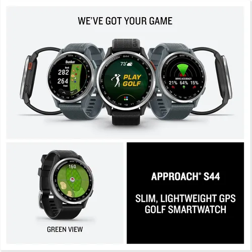 Vista 7 de Garmin Approach® S44, reloj inteligente GPS esencial para golf, pantalla AMOLED, funciones en el campo, bisel de aluminio plateado con banda