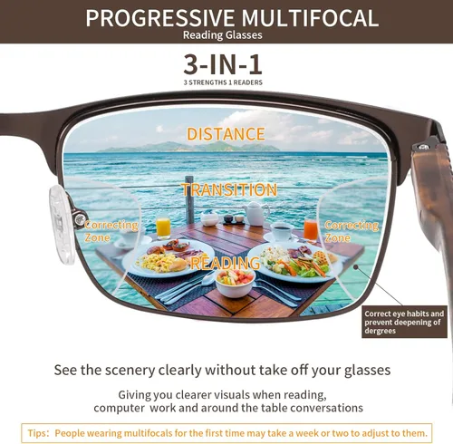 Vista 4 de Lentes de lectura progresivas bifocales sin línea, multifocales, con bloqueo de luz azul, para computadora, marco metálico para hombres