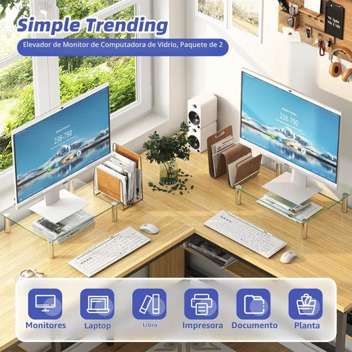 Vista 4 de Simple Trending - Paquete de 2 soportes para monitor de vidrio templado, ajustable, transparente