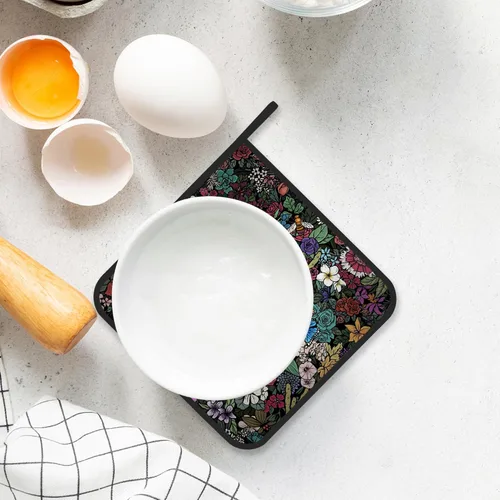 Vista 4 de Juego de 2 soportes para ollas, diseño gótico de flores de calavera, resistentes al calor, para barbacoa, cocinar, hornear, comida caliente