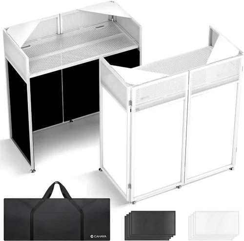 CAHAYA Cabina de DJ portátil - Mesa de DJ con cortinas negras y blancas, soporte plegable para portátil y controlador, dobles esquinas superiores