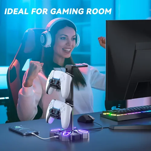 Vista 6 de KDD Soporte de auriculares RGB para juegos, soporte giratorio para auriculares con 9 modos de luz, soporte para controlador con 2 puertos de carga