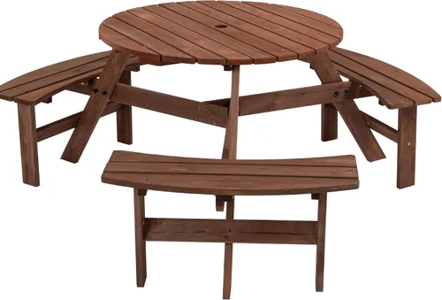 Mesa de picnic de madera para 6 personas, mesa circular de picnic de madera para exteriores, mesa de comedor con 3 bancos, mesa exterior y banco 6