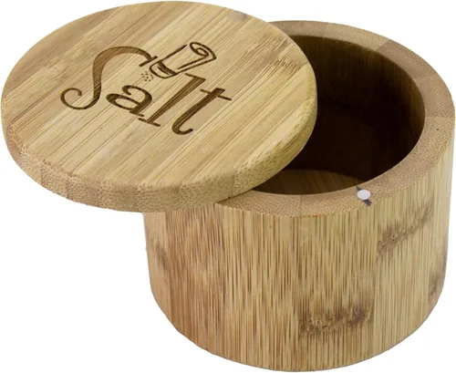 Totally Bamboo Salero de almacenamiento de bambú con tapa giratoria magnética, grabado con sal en la tapa, capacidad de 6 onzas