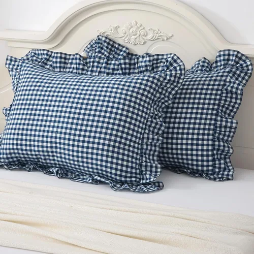 Vista 34 de Mywinlle juego de 2 fundas para cojín con volantes a cuadros negro/blanco, fundas de almohada decorativas de algodón lavado a cuadros estilo granja