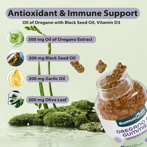 Vista 3 de Gomitas de aceite de orégano con aceite de semilla negra, suplementos de aceite de orégano con saúco, hoja de olivo, zinc, vitamina D3 y vitamina E