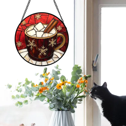 Vista 4 de DASTOLL Juego de 4 piezas para colgar vidrieras con temática navideña roja de 6.3 pulgadas, atrapasoles para puerta de jardín, decoración