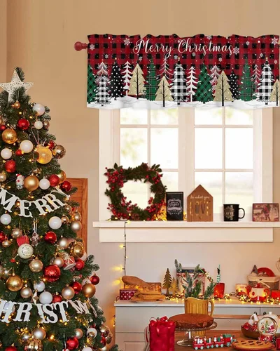 Vista 3 de Cenefa de Navidad para ventanas, cortinas de árbol de Navidad, cenefas con bolsillo para barra, cortinas cortas a cuadros para cocina, sala