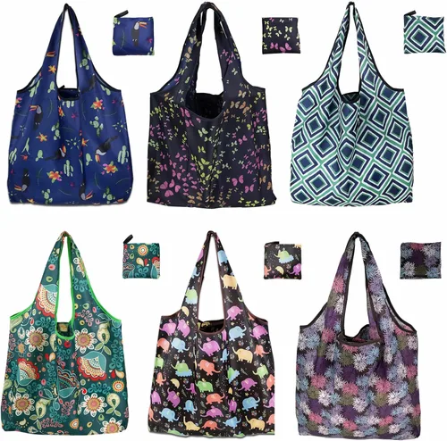 Vista 10 de Paquete de 6 bolsas de comestibles reutilizables resistentes con asas, bolsas de compras reutilizables para mujeres, plegables, lavables