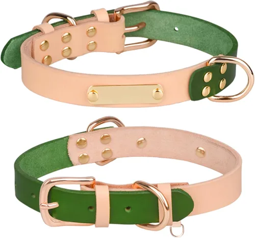Vista 2 de Yonsbox Collar de perro personalizado con placa de identificación, piel auténtica, etiqueta de identificación de mascota grabada con número