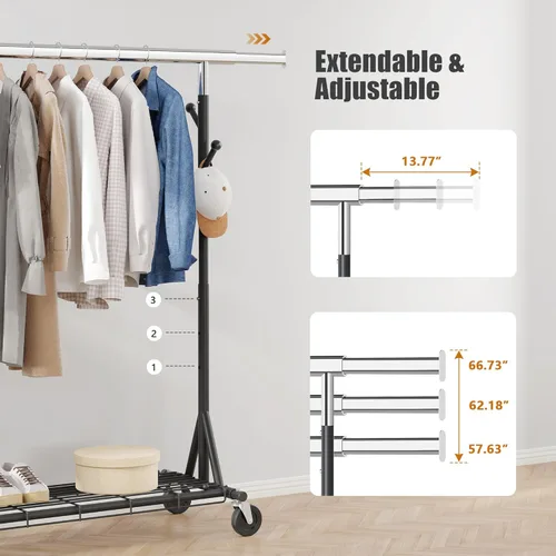 Vista 4 de Perchero de ropa resistente con carga de 530 libras, perchero de metal para colgar 200 piezas de ropa sobre ruedas, plegable, portátil y ajustable