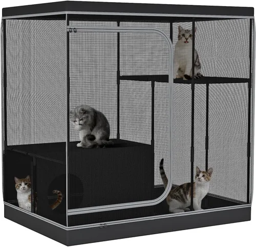 DINMO Jaula grande para gatos, recinto para gatos interiores con caja de arena, corralito para gatos adultos, gatitos y animales pequeños, perrera
