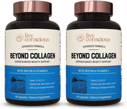 Vista 10 de Live Conscious Beyond Collagen - Cápsulas de colágeno múltiple, tipos I, II, III, V y X, mezcla hidrolizada con biotina y vitamina C para cabello