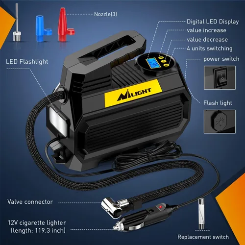 Vista 8 de Compresor de aire portátil Nilight para neumáticos de automóvil de 12V DC con manómetro digital 150PSI, Bomba de neumáticos automática con luz LED
