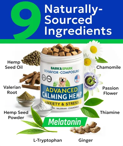 Vista 4 de BARK&SPARK Masticables calmantes avanzados para perros, masticables de cáñamo + melatonina, alivio de la ansiedad, ayuda para dormir, golosinas