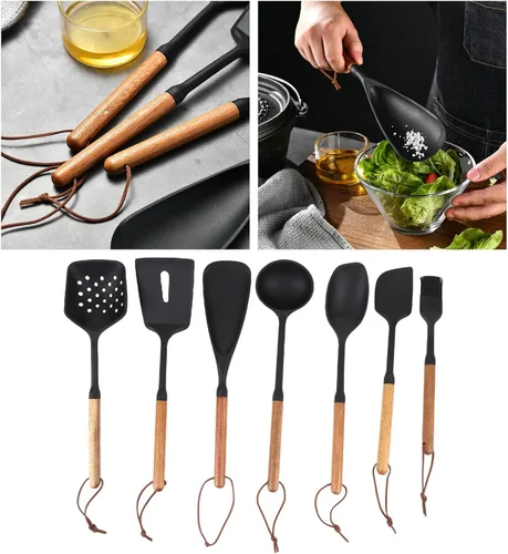 Vista 4 de Juego de utensilios de cocina de 7 piezas, material de silicona con tolerancia al calor, construcción de mango de madera, adecuado para superficies
