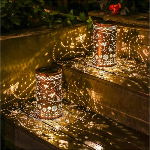 Vista 14 de Paquete de 2 linternas solares colgantes de libélula al aire libre, impermeables, luces LED solares de metal, linternas decorativas para jardín