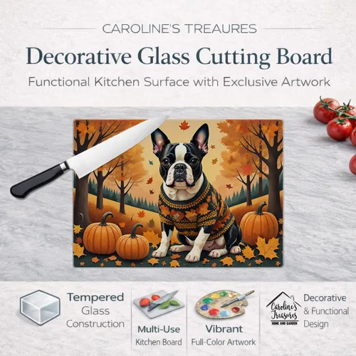 Vista 3 de Caroline's Treasures DAC1024LCB Boston Terrier - Tabla de cortar de vidrio de otoño grande decorativa de vidrio templado para cocina, tabla