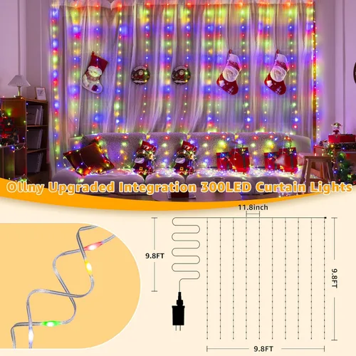 Vista 4 de Ollny - Tira de luces de cortina LED de 300 luces 3 m x 3 m, luces de Navidad impermeables IP67 para exteriores con control remoto, luces de hadas