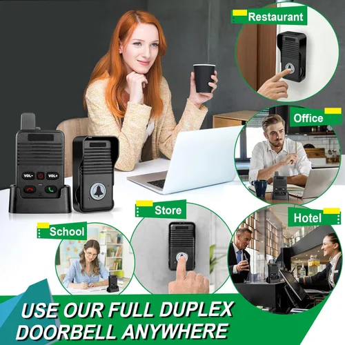 Vista 7 de Timbre inalámbrico, impermeable, dúplex completo, actualizado, rango de 1000 pies, comunicación bidireccional, 8 niveles de volumen, 4 timbres Negro