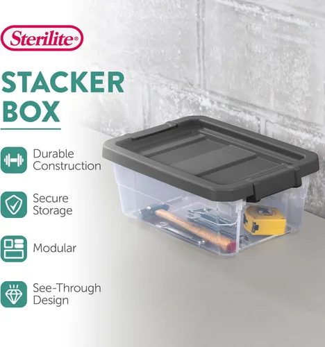 Vista 3 de Sterilite Paquete de 6 cajas apilables modulares, contenedores de almacenamiento de plástico transparente duraderos con tapas de cierre, 16 cuartos