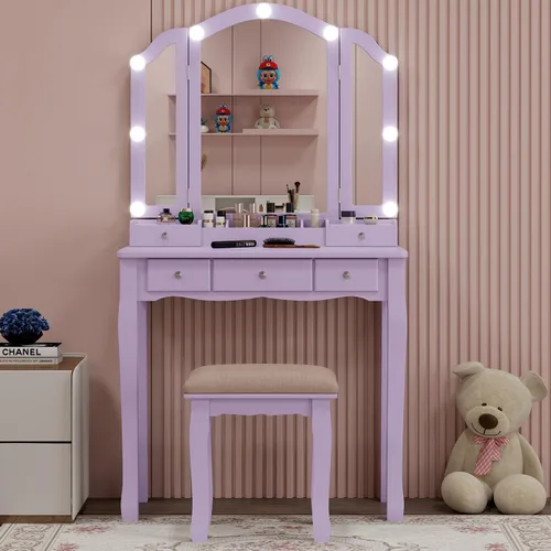 Vista 10 de Escritorio de tocador con espejo y luces de maquillaje con luces mesa con luz tocador de maquillaje con cajones negro juego de tocador para niñas