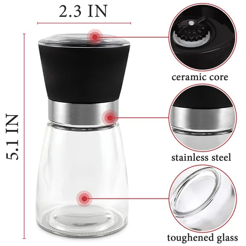 Vista 2 de Molinillo de pimienta recargable manual – Molinillos de vidrio recargables de 6 onzas para pimienta, sal y otras especias, rotor ajustable con 5