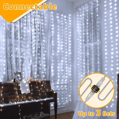Vista 6 de Ollny Luces de Cortina 300LED 9.8ftx9.8ft, Conectables IP67 Impermeables para Exteriores con Control Remoto, Luces de Hadas Enchufables Sin Enredos