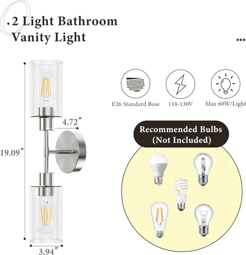 Vista 5 de Espird Accesorios de Iluminación de Baño 2 Luces Níquel Cepillado, Luces de Tocador de Baño Sobre Espejo, Apliques de Pared de Iluminación de Baño