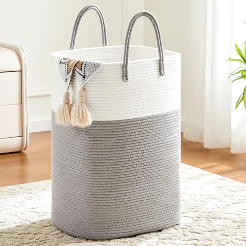 Vista 10 de Cesta de Ropa Sucia, Cesto de Ropa Sucia de Cuerda de Algodón Tejida, Almacenamiento Versátil para Ropa Sucia, Juguetes de Bebé y Mantas en Baño