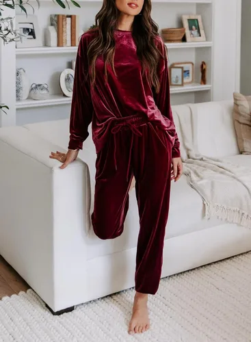 Vista 4 de Herseas Conjunto de terciopelo de 2 piezas para mujer, casual, sin botones, con pantalones deportivos