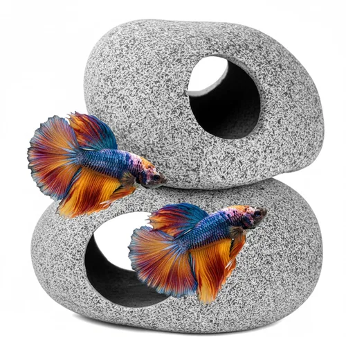 Decoración para cuevas de acuario – 2 rocas naturales para pecera para escondite Betta y cría de camarones, bordes lisos pulidos a mano, pH neutro,