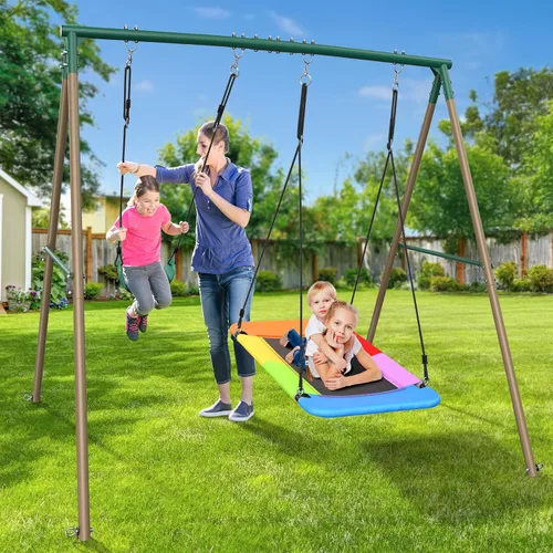 Vista 6 de Hapfan Juegos de columpios para patio trasero con columpio de platillo de plataforma de 45 pulgadas y columpio de cinturón, conjunto de columpios
