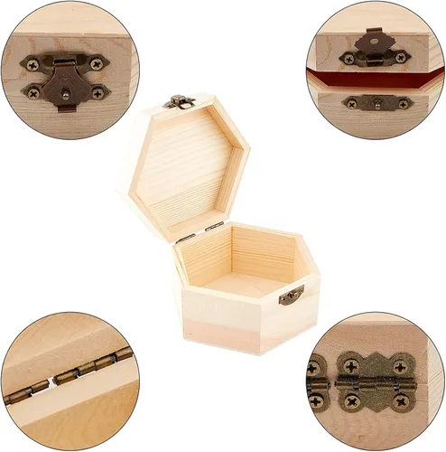 Vista 4 de GORGECRAFT 2 cajas de madera sin terminar hexagonal, caja de almacenamiento de madera con tapa con bisagras y cierre frontal para bricolaje