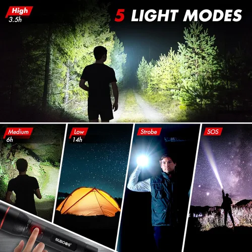 Vista 7 de SUBOOS Linterna recargable LED X50 Pro, súper brillante 15000 Lux, larga duración, USB-C, compacta, resistente, 5 modos tácticos, rango de 820.2 ft