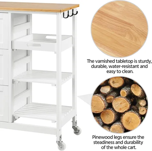 Vista 8 de Yaheetech Carrito de isla de cocina con ruedas, carrito de almacenamiento rodante con encimera de bambú, 3 cajones, 3 estantes extraíbles y ruedas