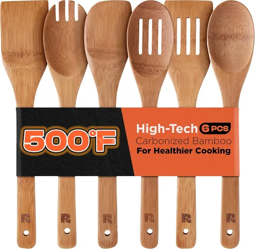 Vista 7 de Riveira Cucharas de madera de bambú oscuro para cocinar, 3 piezas, espátula de madera esencial de apartamento, cuchara antiadherente, juego