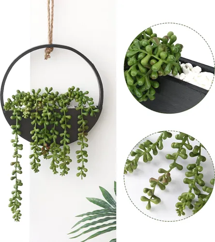 Vista 3 de CEWOR 2 plantas suculentas artificiales colgantes, cadena de perlas falsas en maceta con cordón, decoración de pared bohemia para baño, sala de Negro