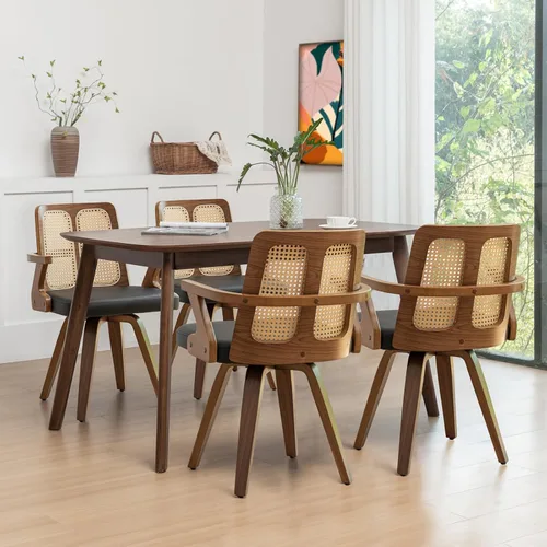 Vista 16 de Sillas de comedor de nogal – Sillas de comedor giratorias de ratán con marco de madera curvada con respaldo ergonómico de bastón, brazos curvos